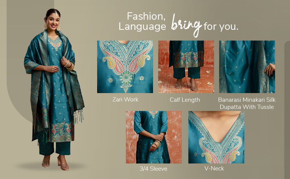 VredeVogel Women's Cotton Silk Blend Zari Work Kurta Pant Set with Banarasi Minakari Silk Dupatta