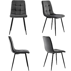Modern dining chair shown from four angles, featuring grey quilted upholstery, black metal legs, and a grid-pattern cushioned backrest.
