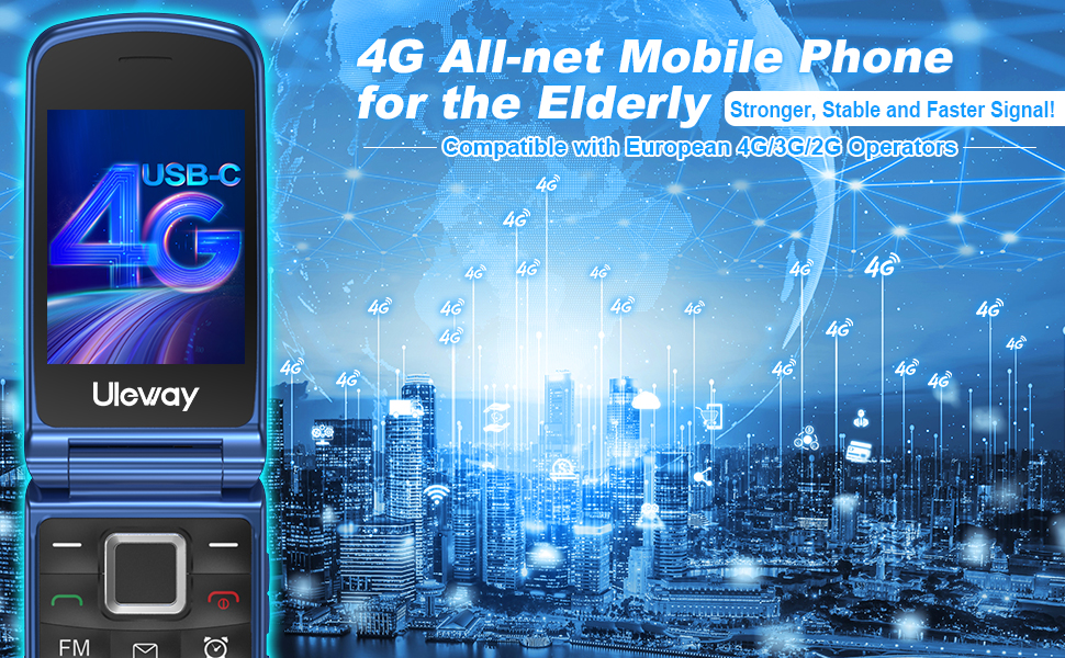 4G flip phone with USB-C port shown against blue cityscape background. Features large buttons and display, advertised as all-net mobile device for elderly users.