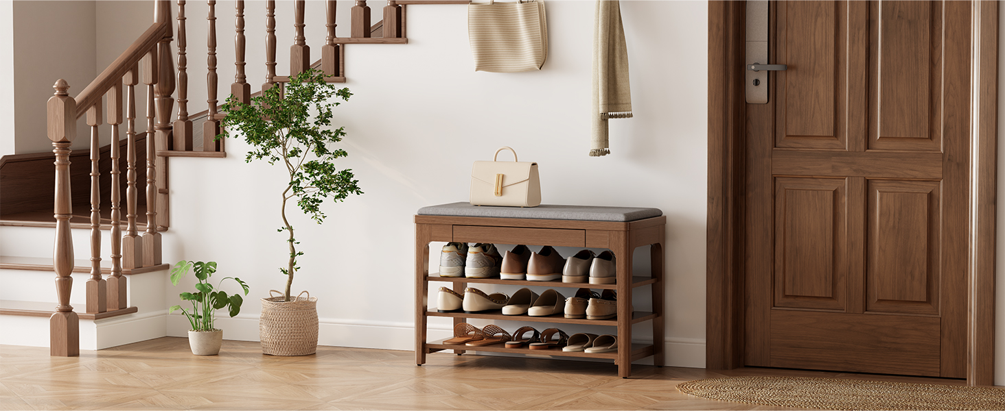 YQJJGL small shoe bench with storage, Wooden Shoe Storage Bench with Cushion&Hidden Drawer