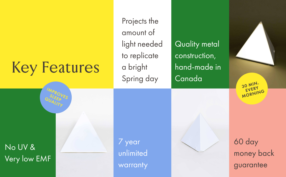 Luxor key features with blocks of colour. Improves sleep quality and made of metal.