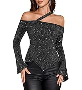 BeryLove Women Sparkly Top Off Shoulder Fitted Shirt Asymmetrical Rhinestone Party Blouse
