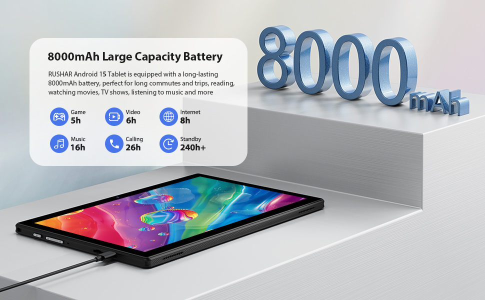 El texto dice «Batería de gran capacidad de 8000 mAh» con indicadores de tiempo de carga. Muestra una tableta y un texto grande en forma de «8000» en diseño 3D.