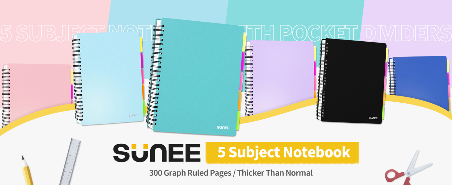 SUNEE Graph Paper Notebook 300 Pages, 5 Subject, 8.2"x10
