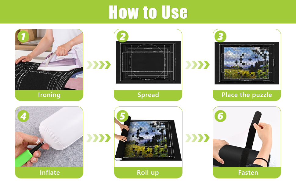Six-step instructions for using a puzzle product. Steps include ironing, spreading, placing puzzle, inflating, rolling up, and fastening.