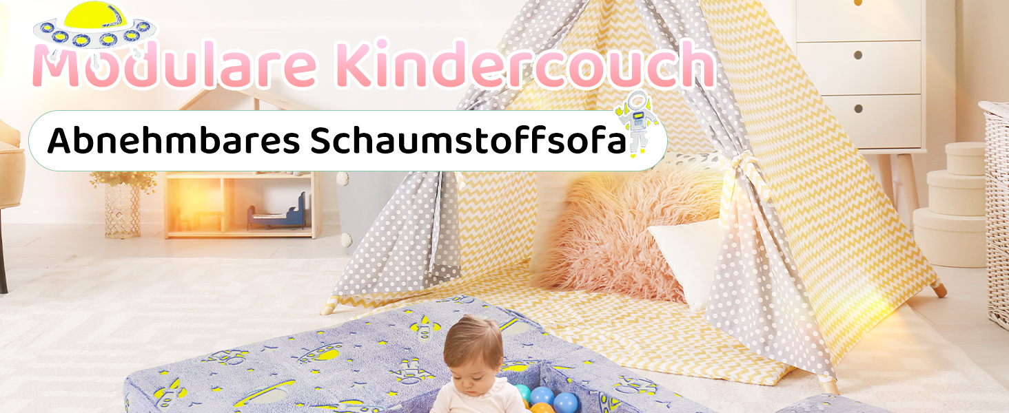 Modulare Kindercouch aus Schaumstoff, abgebildet mit einem Kind, das in einem Tipizelt spielt. Die Couch wird als abnehmbar beschrieben und besteht aus Schaumstoff