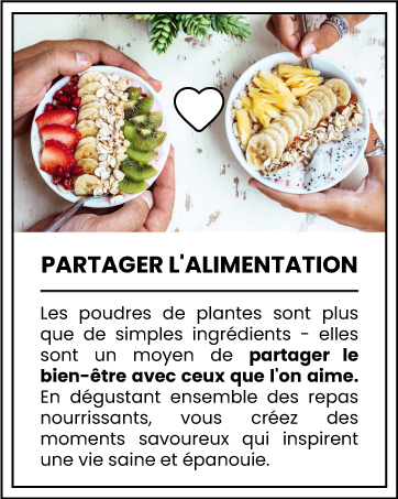 Deux mains tenant des bols colorés avec des fruits, du granola et du yogourt. En forme de cœur entre les bols. Texte ci-dessous en français sur le partage des repas.