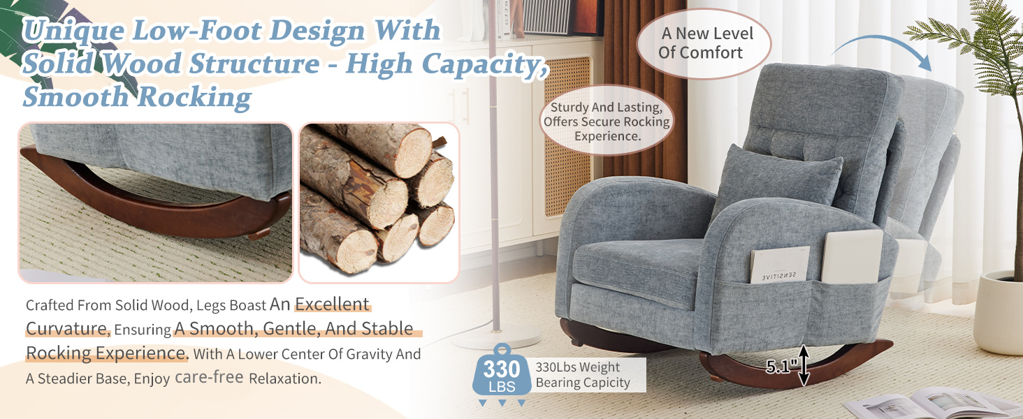 VINGLI Chenille Low Seat Rocking Chair,Upholstered Nursery