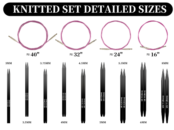 Interchangeable Circular Knitting Needles Set Aluminum US Sizes 2.5, 4, 5, 6, 7, 8, 9, 10, 11 