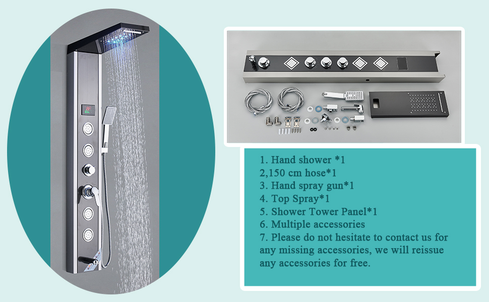 SUGUWORD Shower Tower Panel Stainless Steel 5 Functions Rainfall Waterfall Shower Head Hydroelectricity Massage Jet Handheld Shower Sprayer Wall Mounted Brushed Nickel And Black Shower Panel Column 11 B08CN586N1