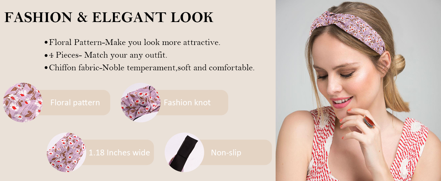 Boho Headbands for Women, 4Pcs Floral Knotted Headbands for Women Fashion