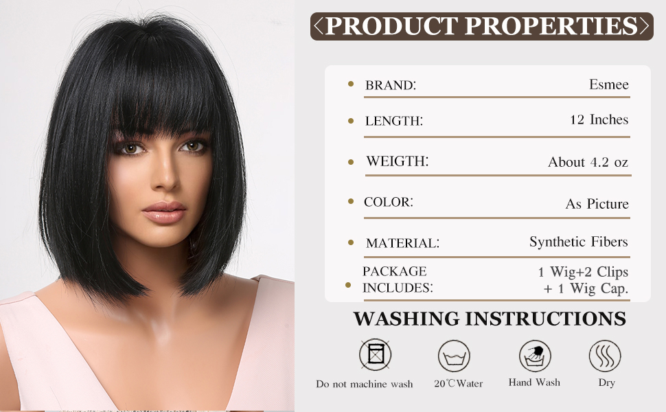 Esmee Short Straight Black Bob Wigs with Fringe for Women