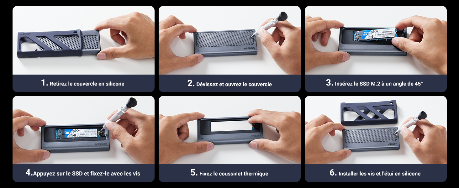 Image d'instructions à six panneaux montrant les étapes à suivre pour insérer et retirer un appareil électronique fin, probablement un smartphone ou une tablette, dans un étui ou une pochette de protection