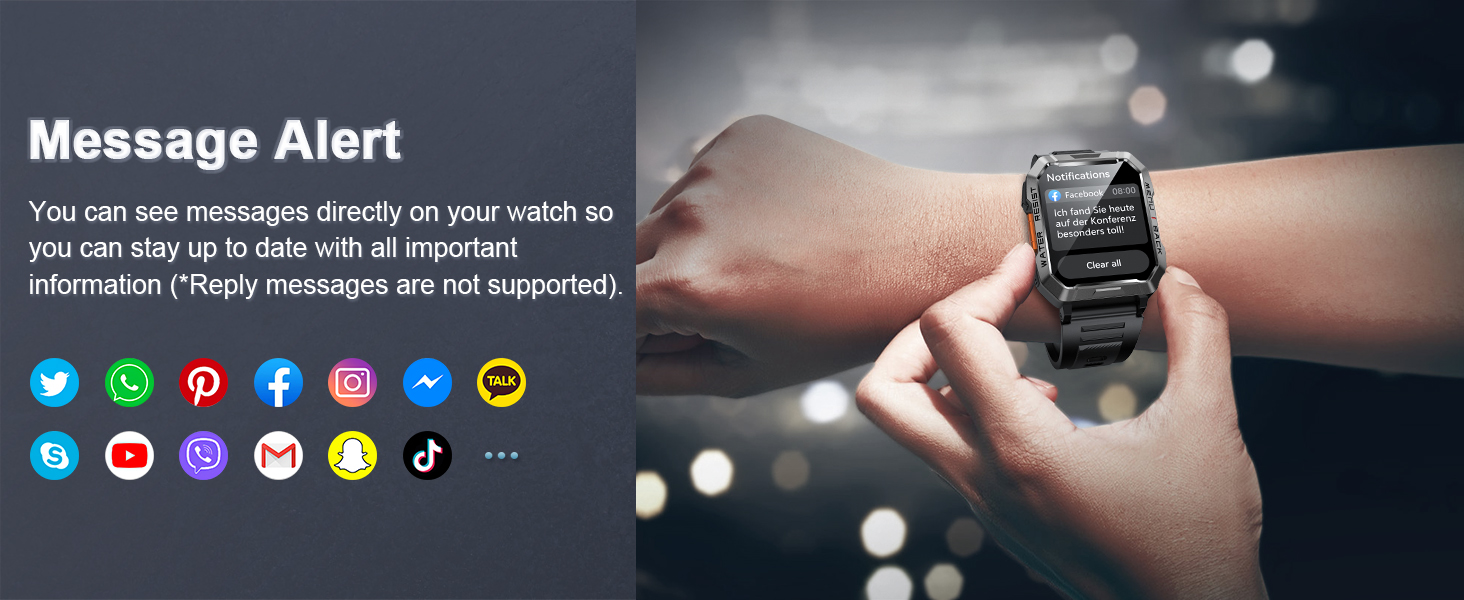 Smartwatch on wrist displaying 'Message Alert' screen. Icons for various messaging apps shown. Text mentions ability to receive notifications.