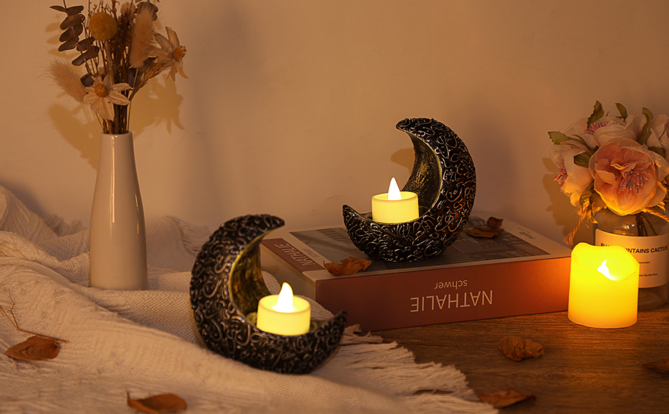 OwnMy Set of 2 Moon Shaped Candle Holders Resin Moon Tealight Holders Elegant Votive