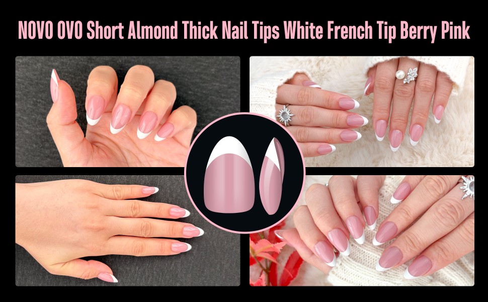 Short Almond Thick Nail Tips White French Tip Berry Pink