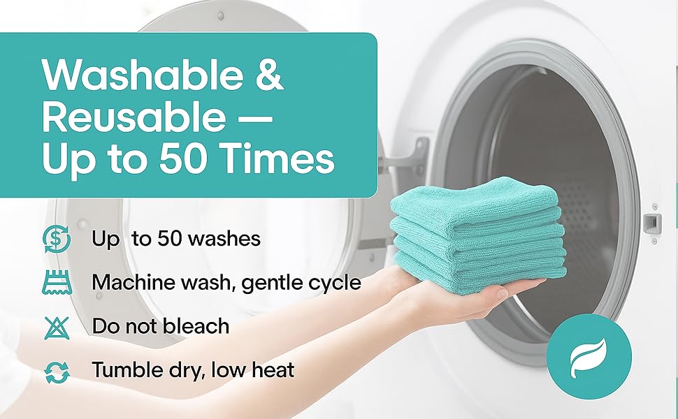 Stack of reusable microfiber cloths held near washing machine with care instruction upto 50 washes.