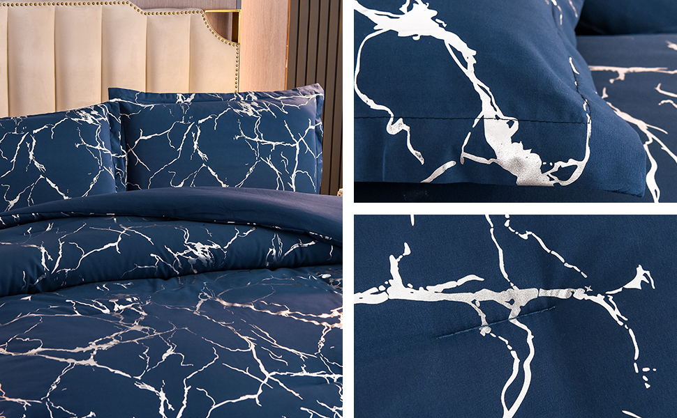 Holawakaka Silver Metallic Marble Comforter Set Full/Queen Size Foil Print Glitter