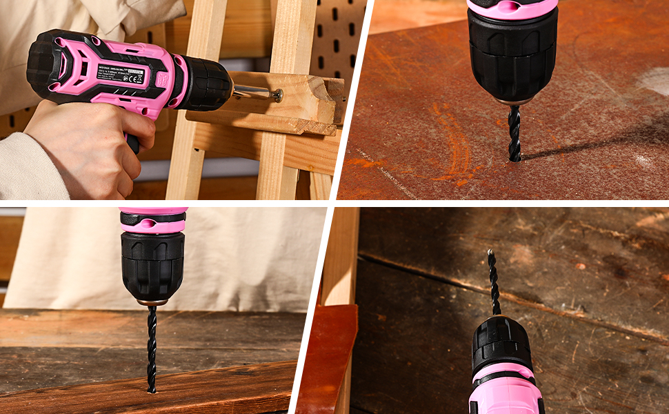 Pink and black cordless drill shown in use on wooden furniture and drilling into various surfaces, demonstrating its versatility and power.