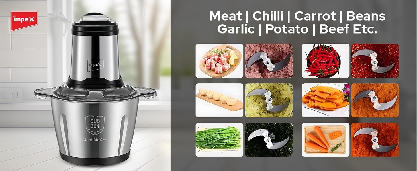 Impex Electric Food Chopper 3Ltr Food Processor Blender 400W, 3Speed Adjustable, Meat Grinder, Stainless Steel Body And 6Pcs Blade,Multi Food Chopper For Meat,Vegetables,Fruits,Nuts -2Years Warranty 29 Food Chopper
