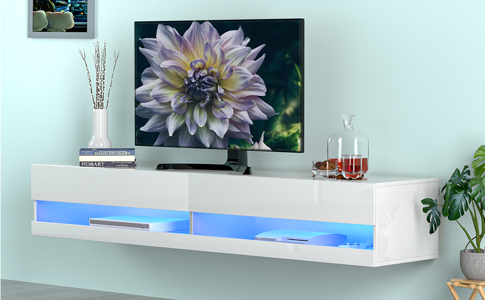 71” Floating TV Stand,Wall Mounted High Glossy LED TV Stand