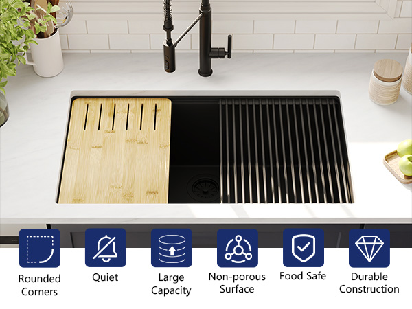 DeerValley 33 Inch Black Undermount Kitchen Sink, Granite