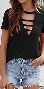 SOLY HUX Women&amp;#39;s Cut Out V Neck Short Sleeve Casual Summer Tee Shirt Tops