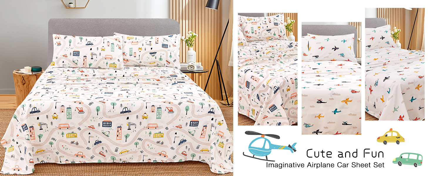 白い子供用シーツ 飛行機 車