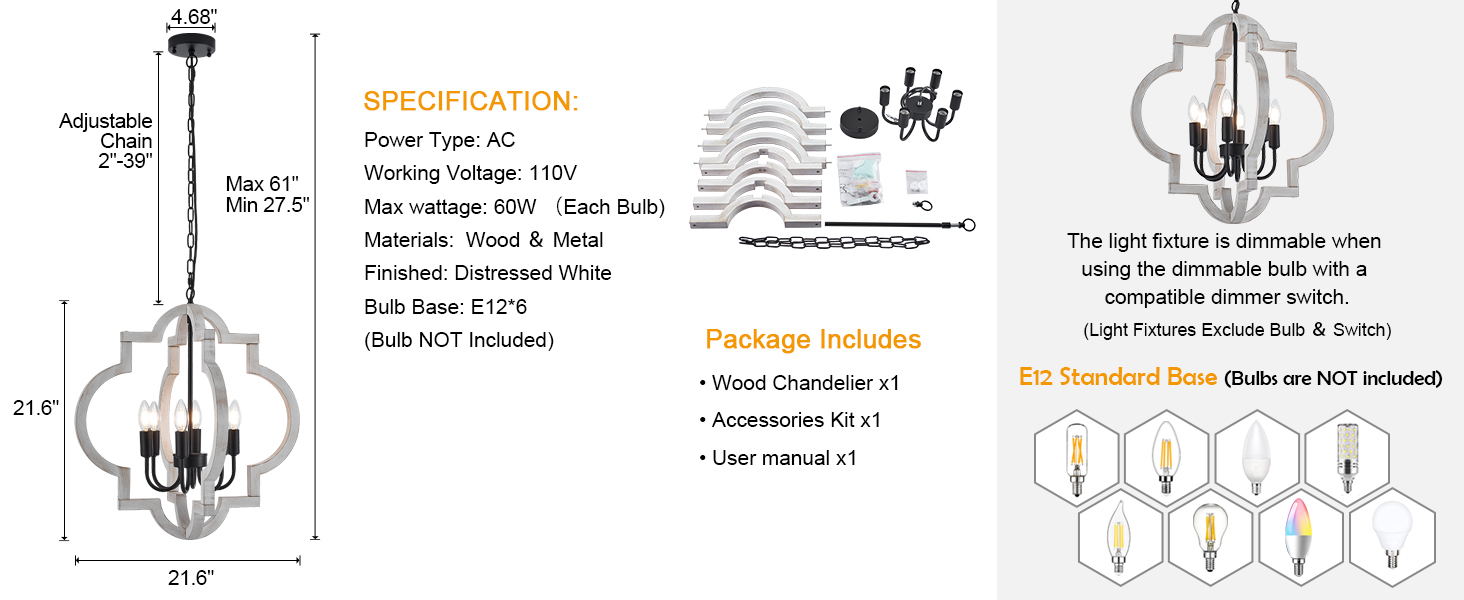 Dimension & Packing List & Bulb Required & Dimmable