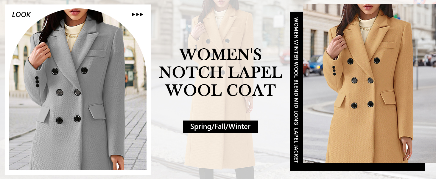 Womens Notched Lapel Double Breasted Pea Coat Winter Wool Blend Long Jackets
