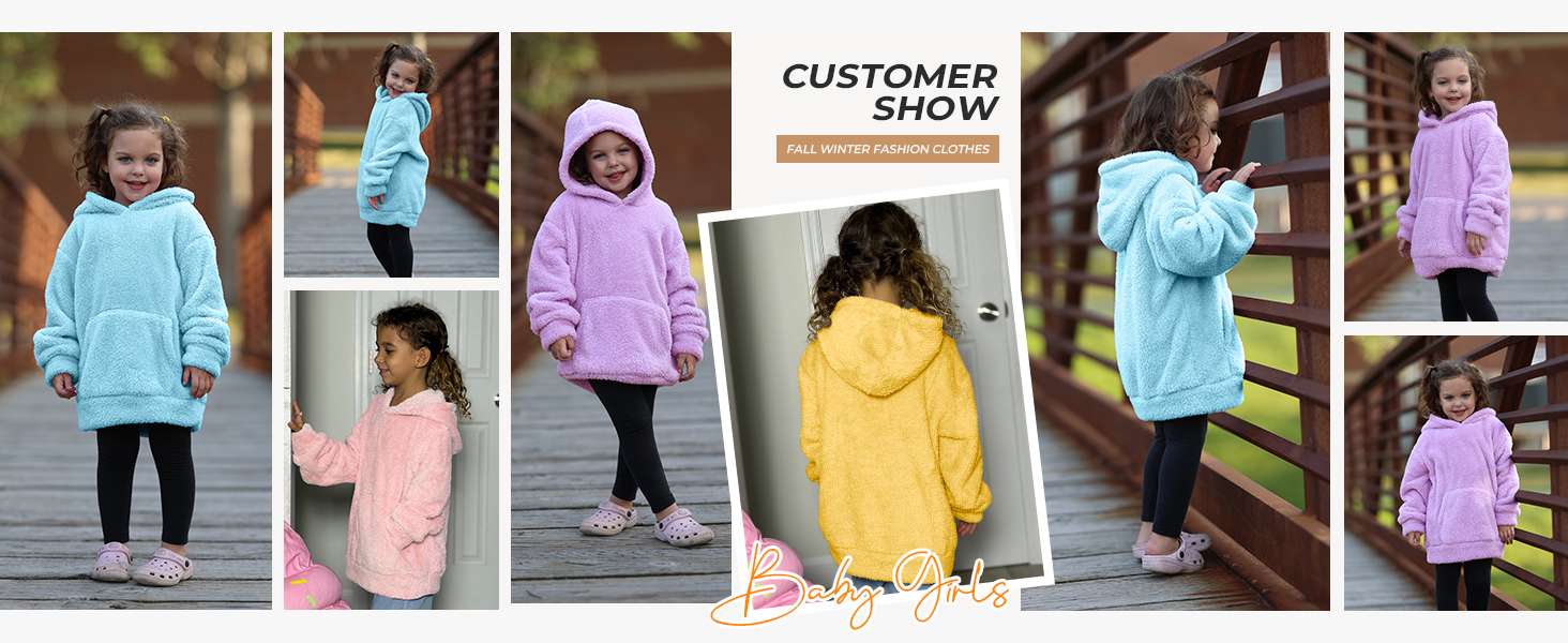 Kids Girl&#39;s Fuzzy Hoodies Toddler Kids Baby Warm Loose Pullover Sherpa Hooded Sweatshirts Top