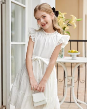 Arshiner Girls Dresses Ruffle Sleeve Summer Dress Ruffle Neck Chiffon Dress Solid Color