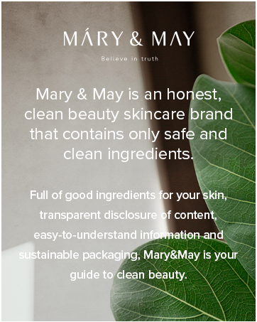 Promotional image for Mary & May skincare brand. Text describes honest, clean beauty products with safe ingredients, transparent disclosure, and sustainable packaging. Green leaves visible in foreground.