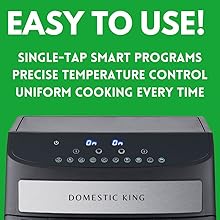 Stainless steel appliance with digital display and touch controls. Features include smart programs and precise temperature control for uniform cooking.