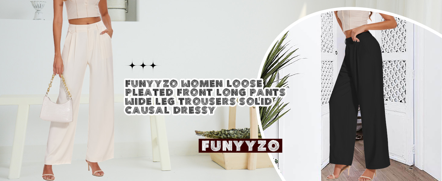 FUNYYZO Women Loose Pleated Front Long Pants Wide Leg Trousers Solid Causal Dressy…
