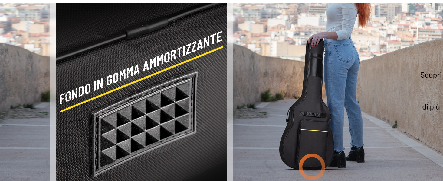 Persona che trasporta una custodia per chitarra nera con accenti arancioni, in piedi vicino a un edificio con una parete esterna nera strutturata