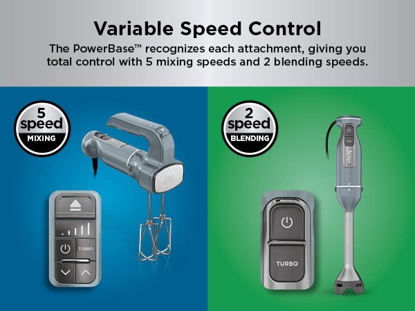 The PowerBase recognizes each attachment, giving you total control with 5 mixing speeds