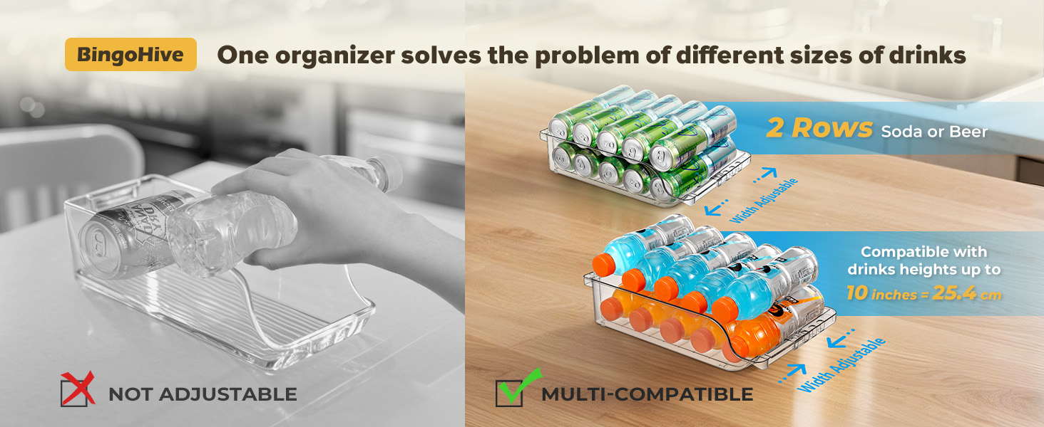 Width Adjustable Soda Can Organizer for Refrigerator Expandable Soda Can Dispenser for Beer Soda