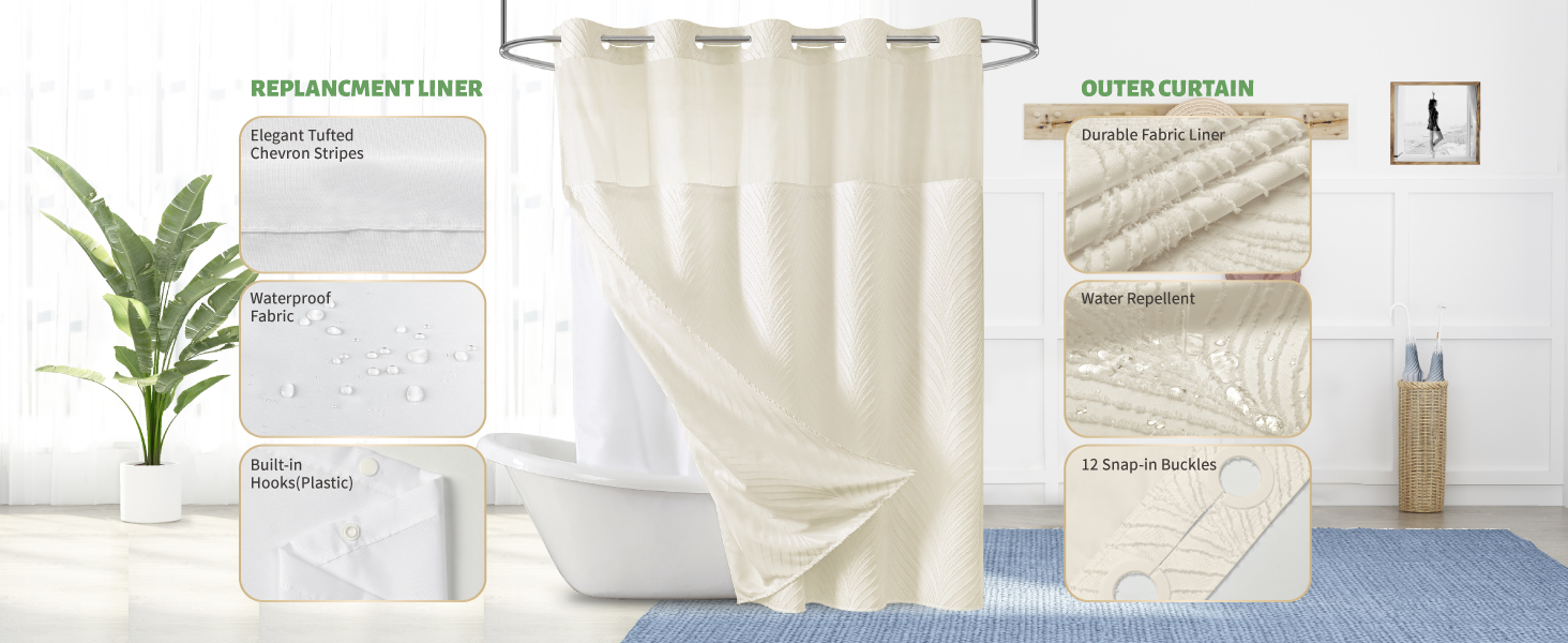 Amazon.com: eachope no hook shower curtain and liner set，Boho Style - Hookless Shower Curtain For Shower Stall