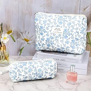 blue quilted makeup bag