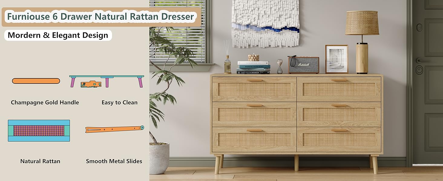 Furniouse 6 Drawer Double Dresser for Bedroom, 47.2" Rattan