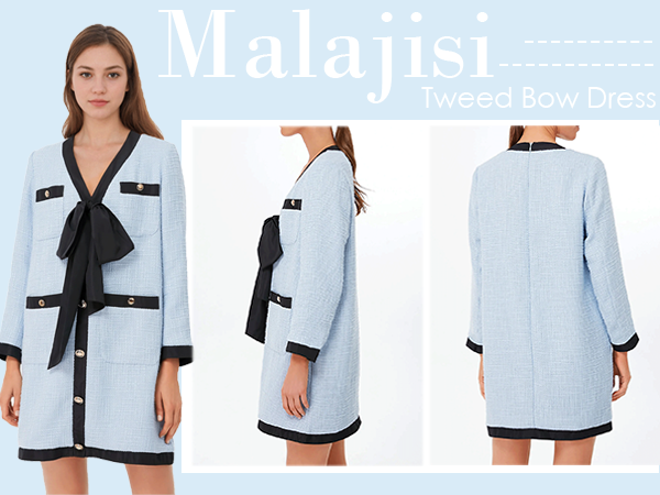 Amazon.com: Malajisi Women's Elegant Tweed Bow Dress V Neck