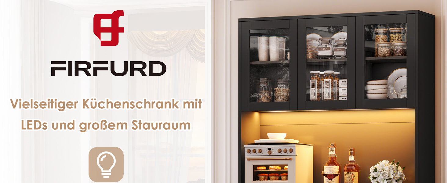 ein schwarzer Küchenschrank mit einer Glastür und einem weißen Vorhang.