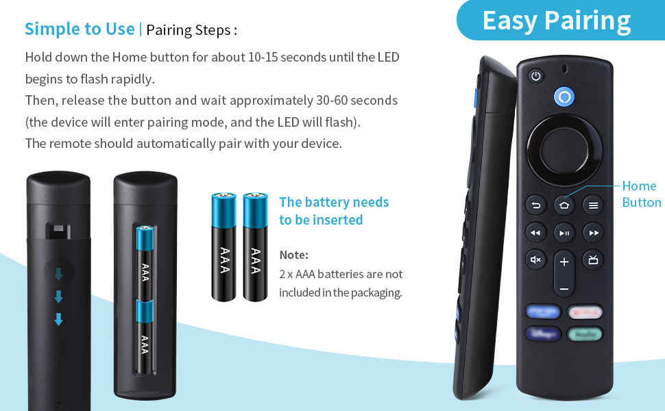 Device pairing instructions showing black remote control unit with batteries and button layout, plus step-by-step setup guide with blue highlights.