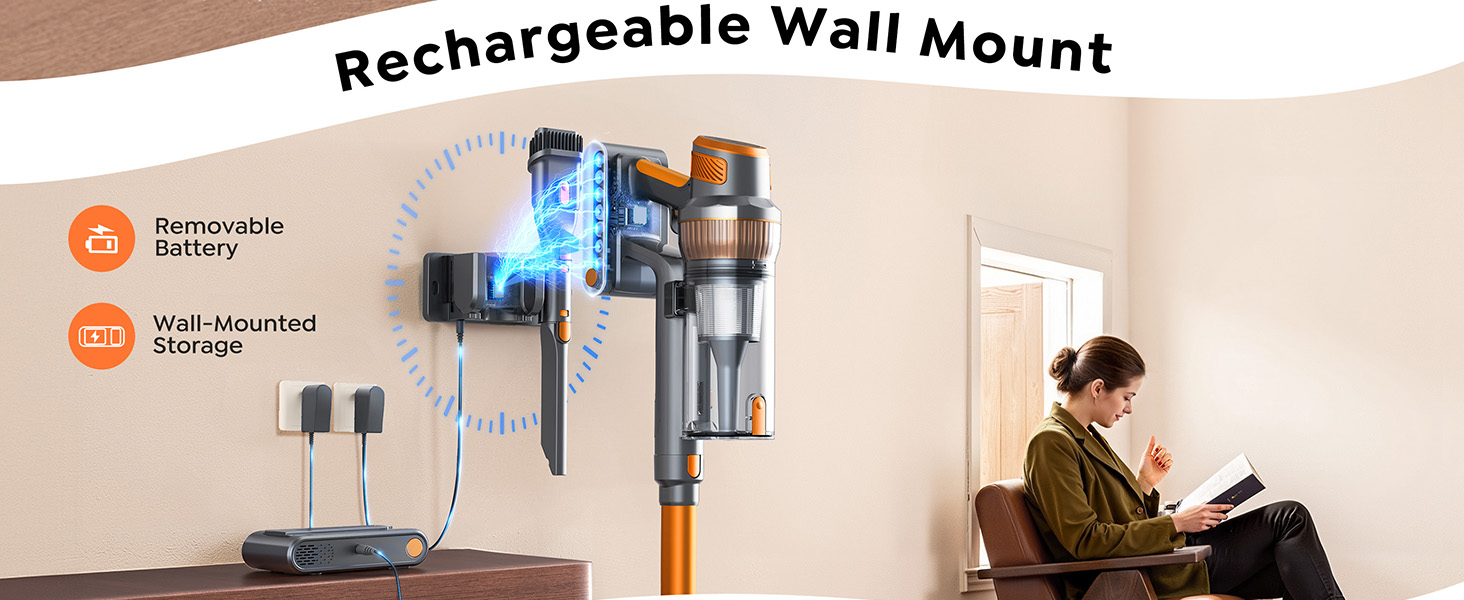 Text reads 'Rechargeable Wall Mount'. Image shows person mounting or adjusting device on beige wall in home setting.