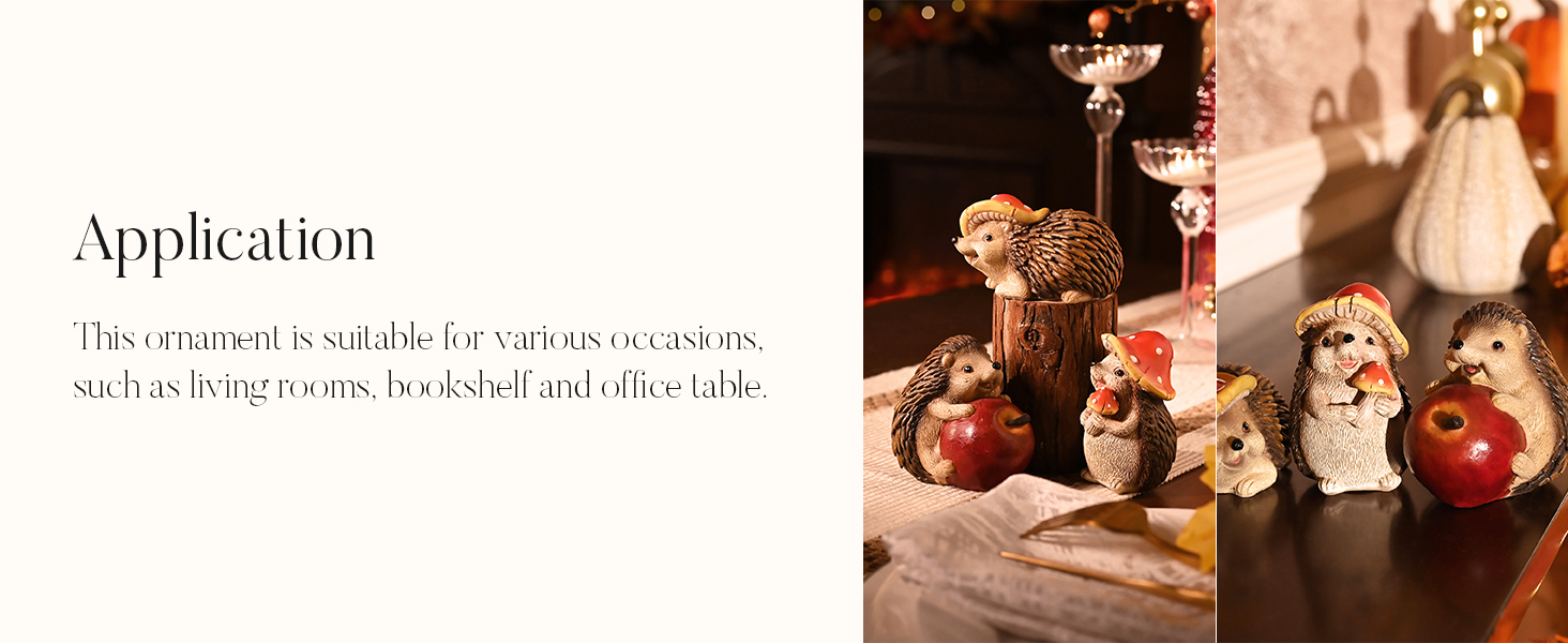 Various decorative objects on a wooden surface, including hedgehog figurines, red apples, and a glass candle holder, suggesting home decor items for living spaces.