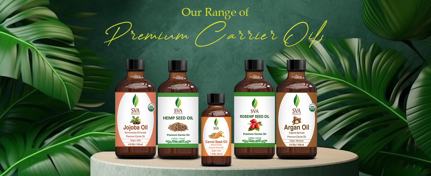 A collection of carrier oils glass bottle from SVA including carrot seed carrier oil 1 ounce