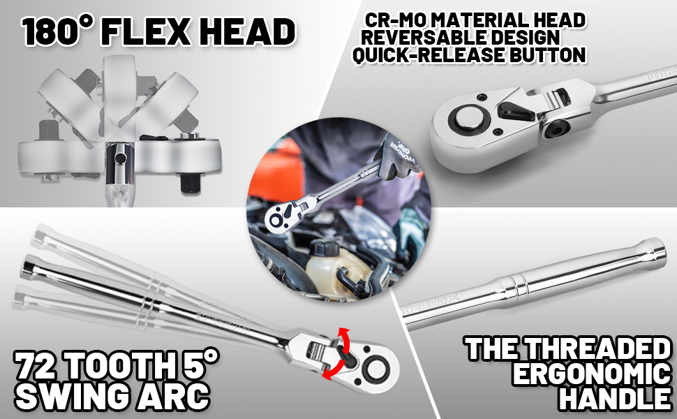 UYECOVE 1/2 3/8 1/4 Inch Drive Ratchet Set, 3Pcs Flex Head