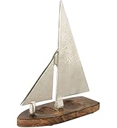 WHW Whole House Worlds Silver Spinnaker Sail Boat Sculpture, Polished Aluminum, Hand Cast, Wood B...
