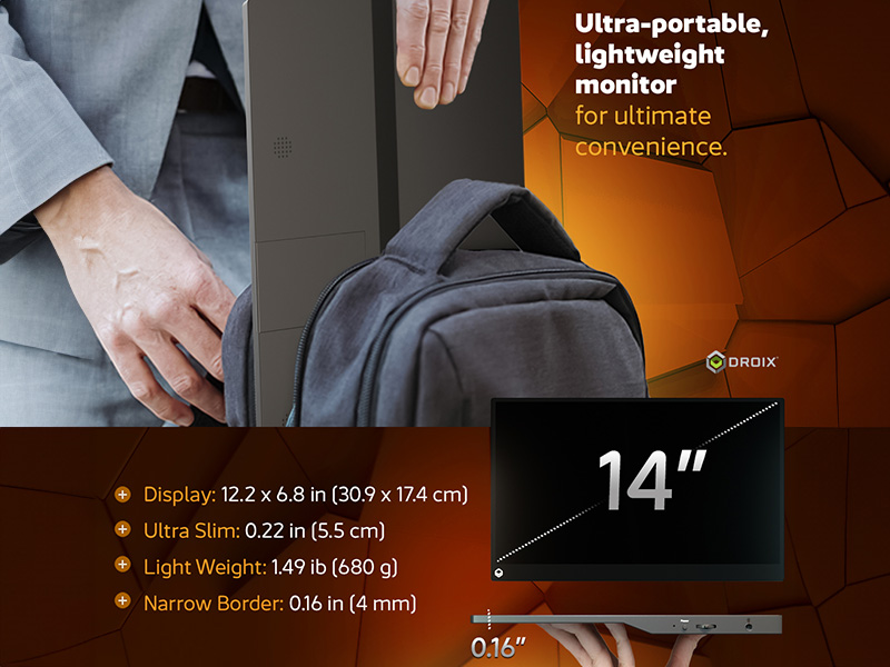 DroiX PM14T portable monitor dimensions and person placing it in a laptop bag